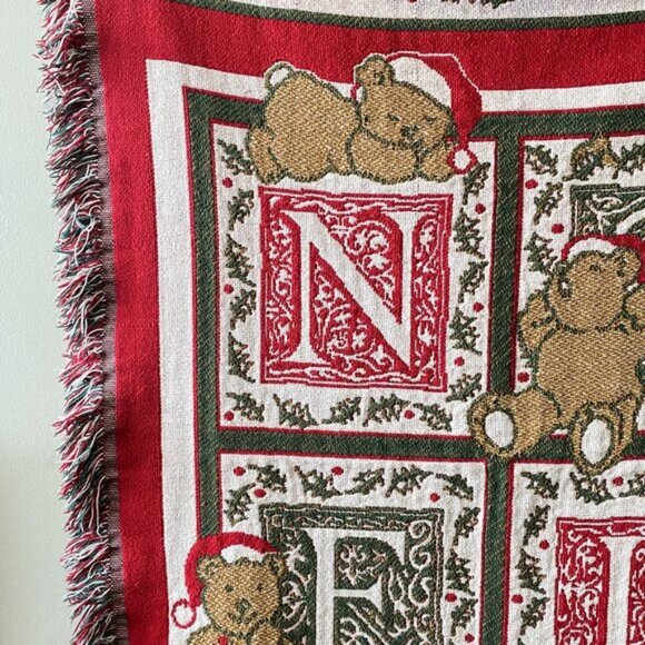 Vintage Woven Fringed Noel Christmas Themed 32 inch x 43 inch Tapestry Throw Bla - Picture 3 of 9